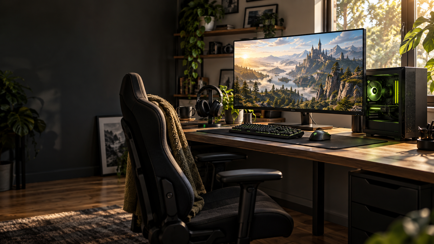 Warmly lit desktop gaming setup